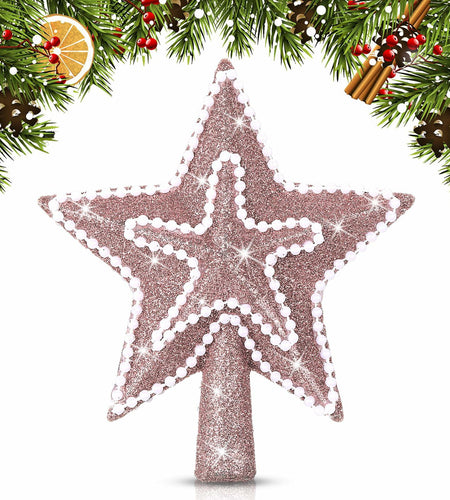 [Like New] Hollowfly Glitter Mini Star Christmas Tree Topper Rose Gold 4 Inch