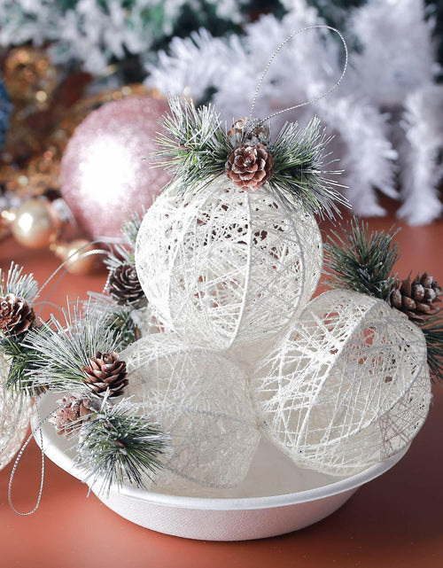 Load image into Gallery viewer, [Like New] Christmas Ball Ornaments 4pc Set White Pinecone Rattan Thread String 4.7"
