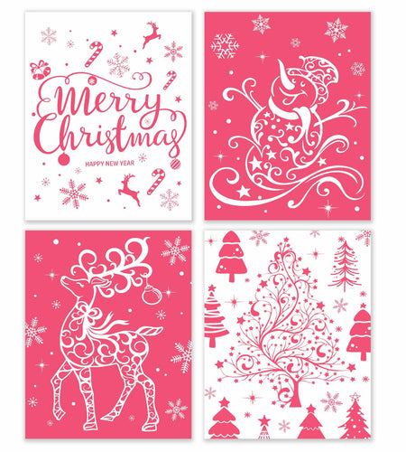 BESERH Pink Christmas Wall Decor Santa Reindeer Bells 8x10in Set of 4