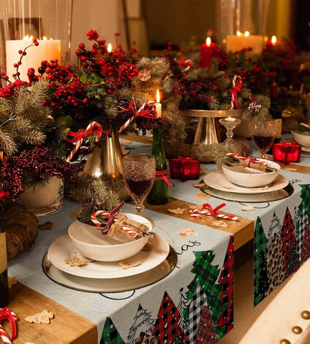 Merry Christmas Table Runner Buffalo Plaid Xmas Tree Cotton Linen 13x72 RedGreen