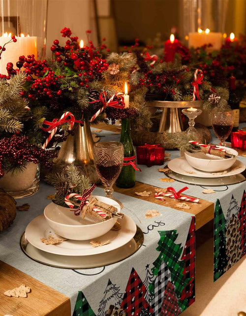 Load image into Gallery viewer, Merry Christmas Table Runner Buffalo Plaid Xmas Tree Cotton Linen 13x72 RedGreen
