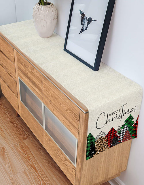 Load image into Gallery viewer, Merry Christmas Table Runner Buffalo Plaid Xmas Tree Cotton Linen 13x72 RedGreen
