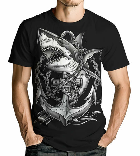 Faiwvhe Men's Creative Shark Graphic T-Shirt Black 2XL Size 2XL