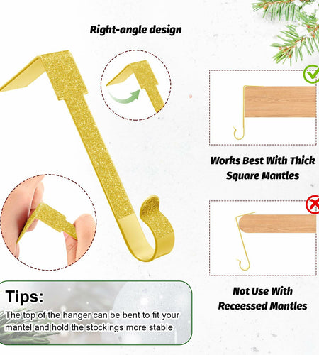 Tandefio 12 Pack Glitter Christmas Stocking Holder Hangers Gold Mantel Hooks