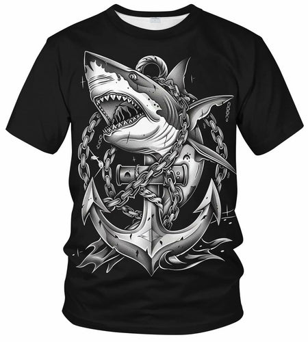Faiwvhe Men's Creative Shark Graphic T-Shirt Black 2XL Size 2XL