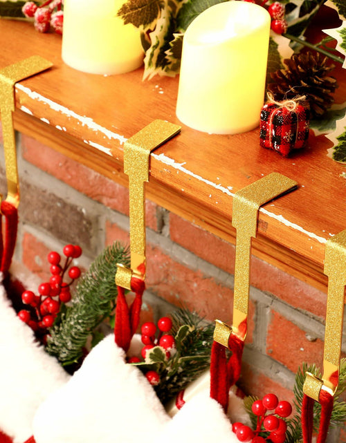 Load image into Gallery viewer, Tandefio 12 Pack Glitter Christmas Stocking Holder Hangers Gold Mantel Hooks
