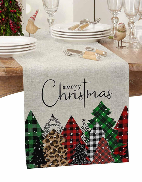 Load image into Gallery viewer, Merry Christmas Table Runner Buffalo Plaid Xmas Tree Cotton Linen 13x72 RedGreen
