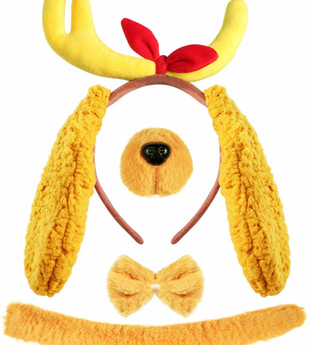 [Like New] PAJXNJC Deer Antler Headband Dog Ears Nose Bow Tie Tail Yellow Party Set