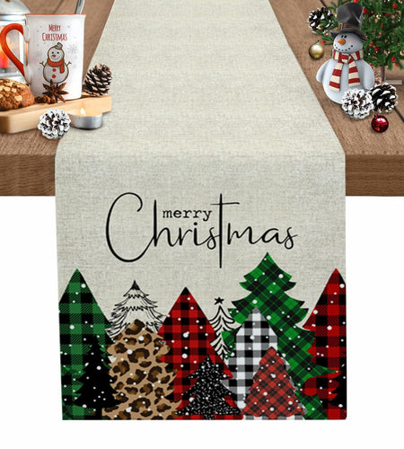 Merry Christmas Table Runner Buffalo Plaid Xmas Tree Cotton Linen 13x72 RedGreen
