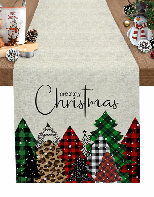 Load image into Gallery viewer, Merry Christmas Table Runner Buffalo Plaid Xmas Tree Cotton Linen 13x72 RedGreen
