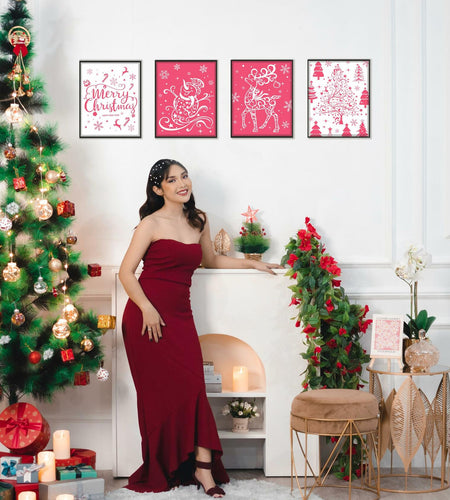 BESERH Pink Christmas Wall Decor Santa Reindeer Bells 8x10in Set of 4
