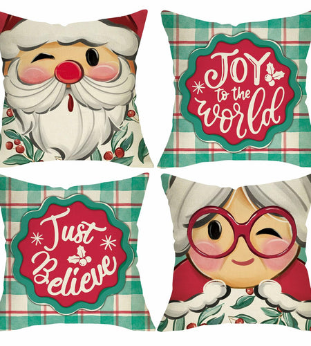 Fjfz Christmas Santa Mrs Claus Throw Pillow Covers 16x16 Green Set of 4