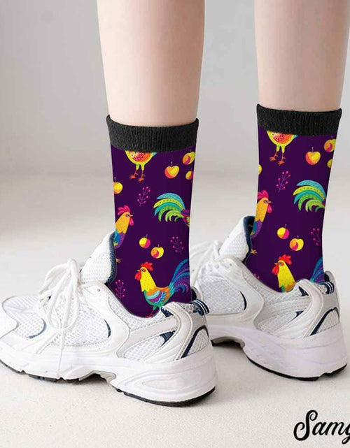 Load image into Gallery viewer, Samgula Multicolor Rooster Crew Socks Purple Rural Berry Colorful Size 6-8
