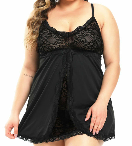 FlatterMe Plus Size Lace Babydoll Chemise V Neck Backless Halter Black Size 4XL