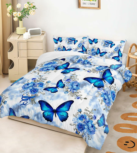 AILONEN Blue Butterfly Tie Dye Floral Comforter Set Twin 3-Piece