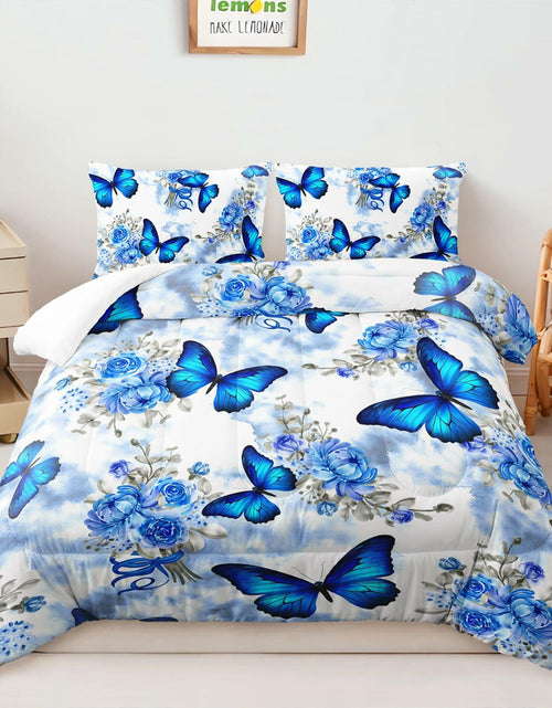 Load image into Gallery viewer, AILONEN Blue Butterfly Tie Dye Floral Comforter Set Twin 3-Piece
