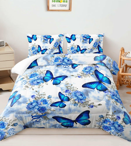 AILONEN Blue Butterfly Tie Dye Floral Comforter Set Twin 3-Piece