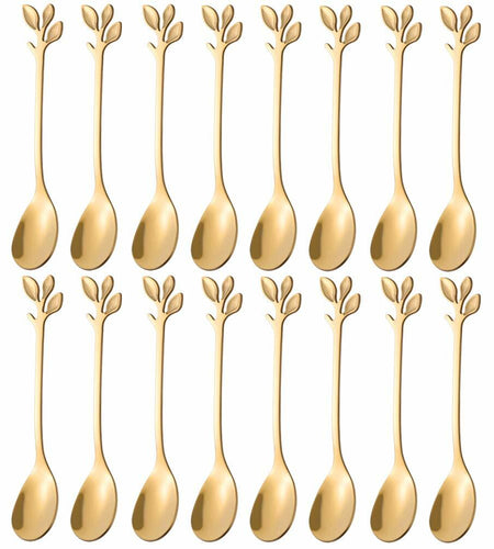 AnSaw 16-Pack Elegant Gold Leaf 4.7" Espresso Spoons Stainless Steel Mini