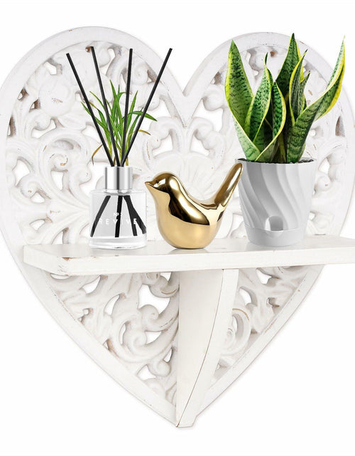 Load image into Gallery viewer, Multipurpose Floating Wall Shelf with Key Hooks Heart-Shaped 12" Vintage White
