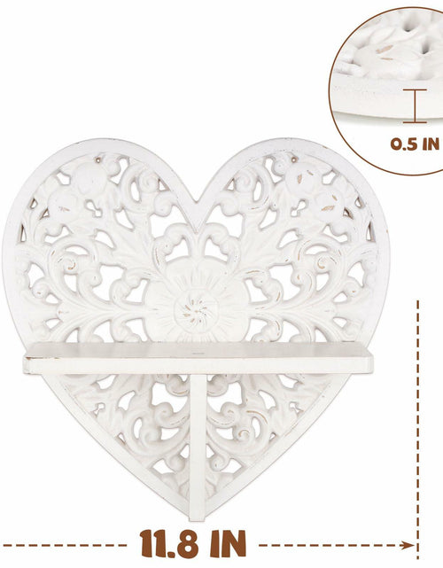 Load image into Gallery viewer, Multipurpose Floating Wall Shelf with Key Hooks Heart-Shaped 12" Vintage White
