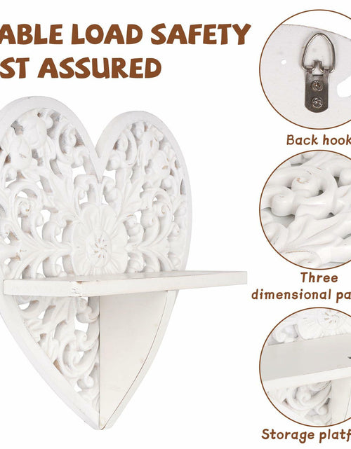 Load image into Gallery viewer, Multipurpose Floating Wall Shelf with Key Hooks Heart-Shaped 12" Vintage White
