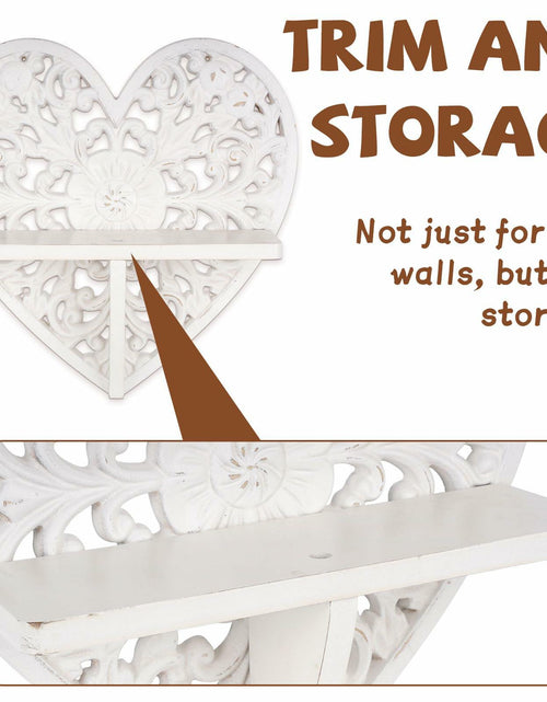 Load image into Gallery viewer, Multipurpose Floating Wall Shelf with Key Hooks Heart-Shaped 12" Vintage White
