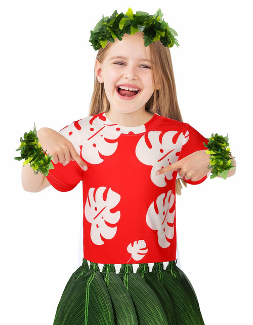 Load image into Gallery viewer, Toulite Halloween Girl Hawaiian Luau Costume Red Leaf T-Shirt Headband Anklet

