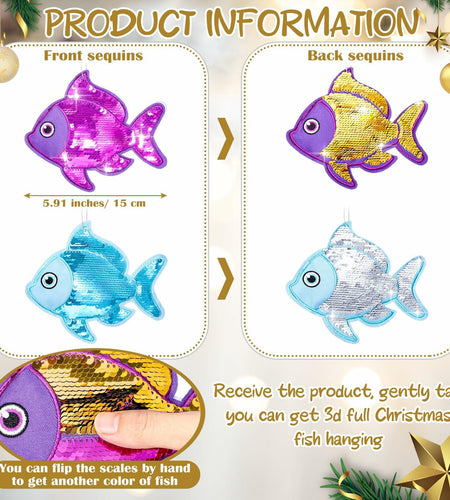 Suzile Christmas Fishing Ornaments 4 Pc Large Glitter Fish Coastal Blue