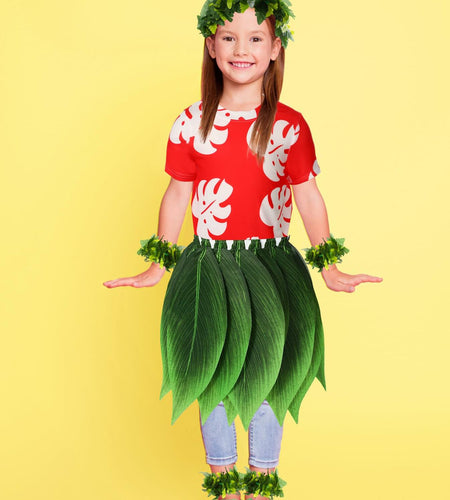 Toulite Halloween Girl Hawaiian Luau Costume Red Leaf T-Shirt Headband Anklet