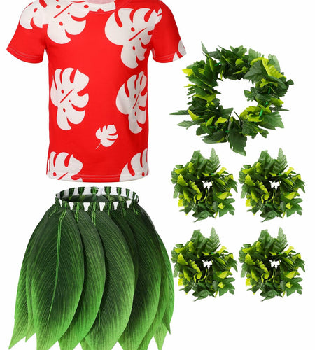 Toulite Halloween Girl Hawaiian Luau Costume Red Leaf T-Shirt Headband Anklet