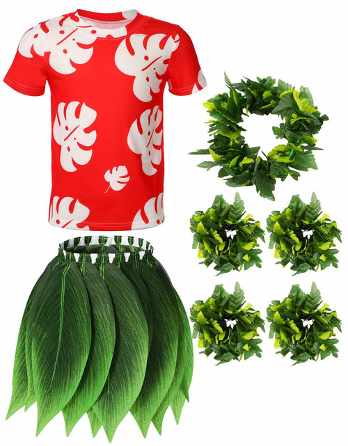 Load image into Gallery viewer, Toulite Halloween Girl Hawaiian Luau Costume Red Leaf T-Shirt Headband Anklet
