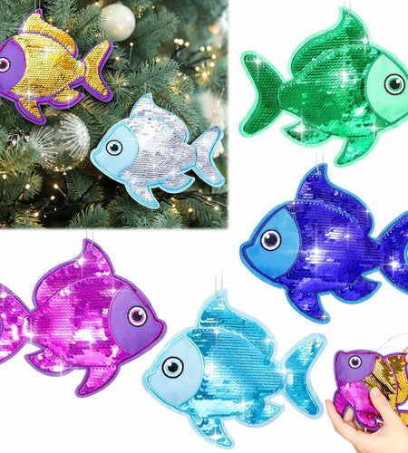 Suzile Christmas Fishing Ornaments 4 Pc Large Glitter Fish Coastal Blue