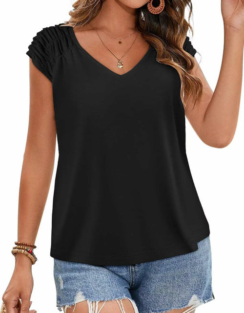 Load image into Gallery viewer, Bliwov Womens V Neck Short Sleeve Casual T Shirt Black 3XL
