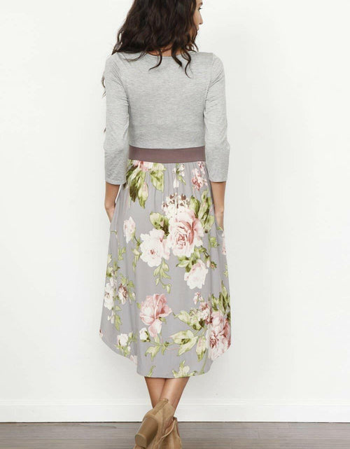 Load image into Gallery viewer, Eloges Women's Floral Midi Dress 3/4 Sleeve Contrast Waistband Grey/Mocha Size S
