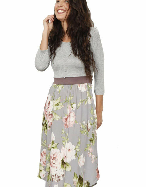 Load image into Gallery viewer, Eloges Women's Floral Midi Dress 3/4 Sleeve Contrast Waistband Grey/Mocha Size S
