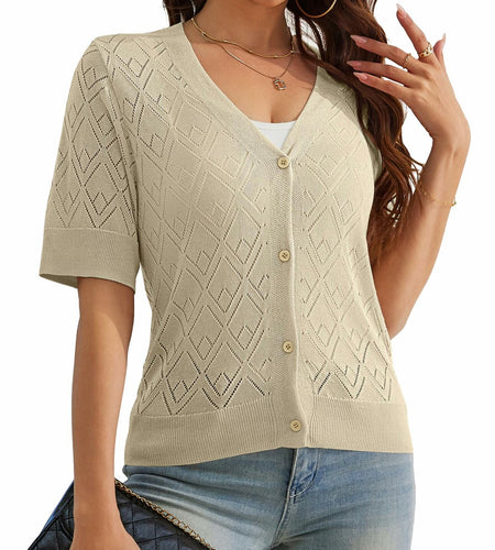 VOIANLIMO Women's Cropped V-Neck Button Down Cardigan Sweater Apricot Size S