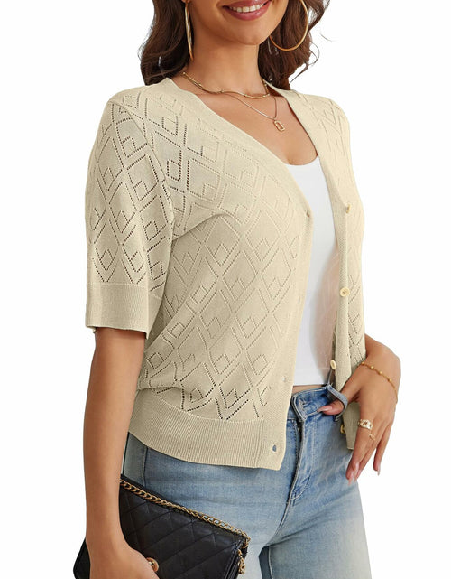 Load image into Gallery viewer, VOIANLIMO Women's Cropped V-Neck Button Down Cardigan Sweater Apricot Size S
