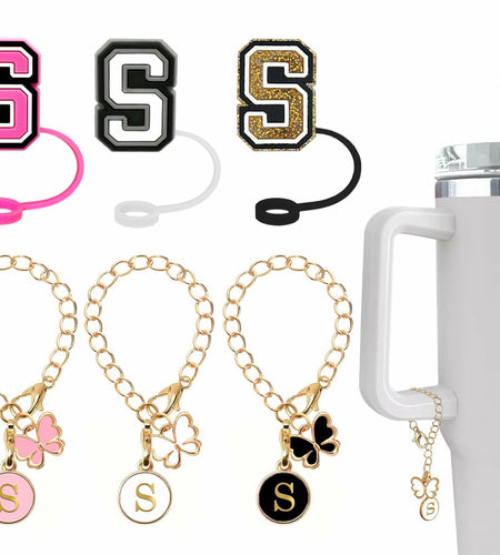 Nuozme Straw Cover Caps 6pcs w/ Initial Butterfly Charms for Stanley 30/40oz