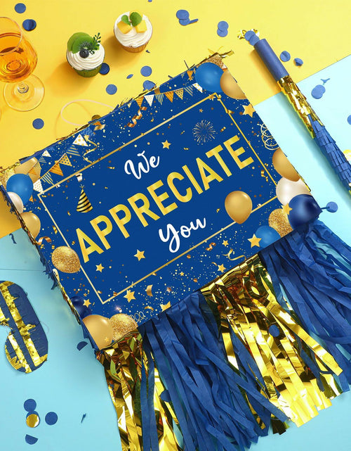 Load image into Gallery viewer, [Like New] Poen We Appreciate You Piñata with Stick Blindfold Blue Gold Confetti 16x12 Inch
