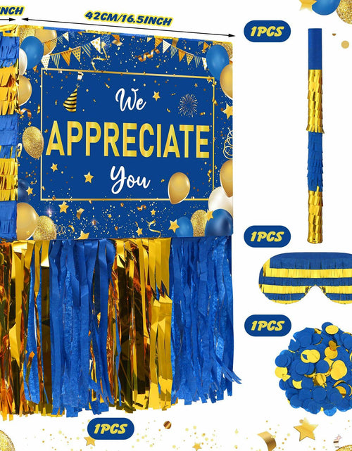 Load image into Gallery viewer, [Like New] Poen We Appreciate You Piñata with Stick Blindfold Blue Gold Confetti 16x12 Inch
