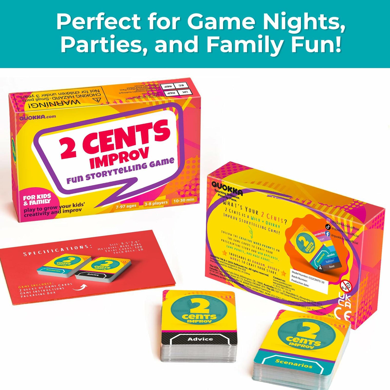 QUOKKA 2 Cents Game Night Story Card Improv Game 60 Cards 3-8 Players