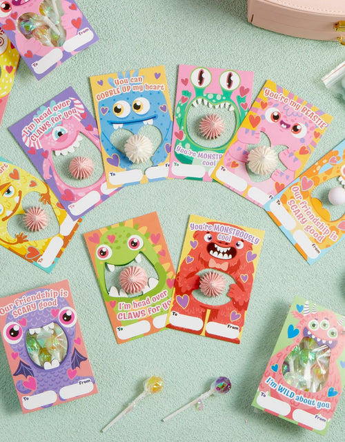 Load image into Gallery viewer, JOYIN 72 Pcs Valentines Monster Gift Cards with Bags Candy Holder Cards
