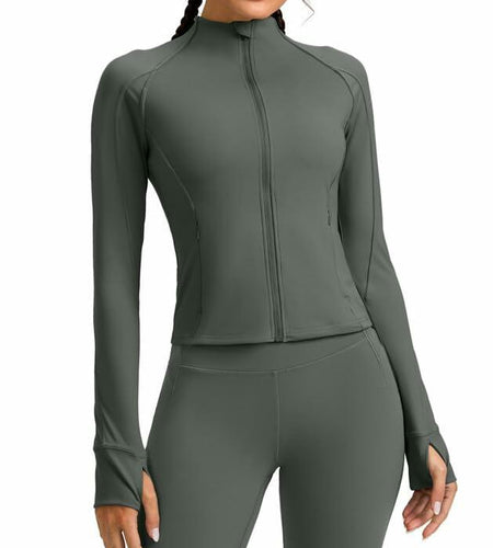 Womens Cropped Workout Jacket Slim Fit Full Zip Thumb Holes Pockets Sage Grey XL