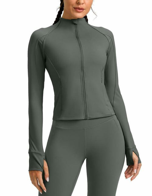 Load image into Gallery viewer, Womens Cropped Workout Jacket Slim Fit Full Zip Thumb Holes Pockets Sage Grey XL
