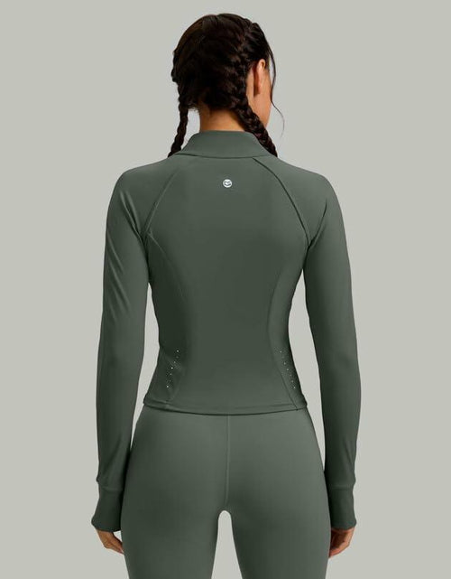 Load image into Gallery viewer, Womens Cropped Workout Jacket Slim Fit Full Zip Thumb Holes Pockets Sage Grey XL
