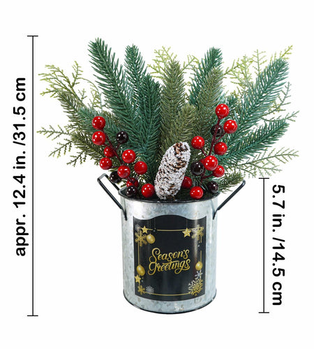 Winlyn Christmas Floral Arrangement Pinecone Red Berry Galvanized Pot 12.4"