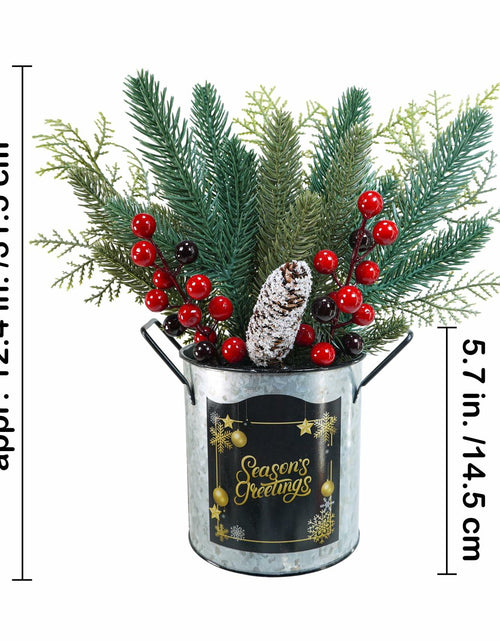 Load image into Gallery viewer, Winlyn Christmas Floral Arrangement Pinecone Red Berry Galvanized Pot 12.4"
