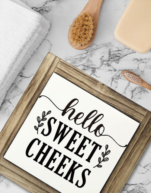 Load image into Gallery viewer, Farmhouse Rustic Wooden Bathroom Sign 'Hello Sweet Cheeks' Plaque Decor
