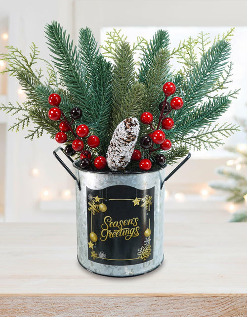 Load image into Gallery viewer, Winlyn Christmas Floral Arrangement Pinecone Red Berry Galvanized Pot 12.4"
