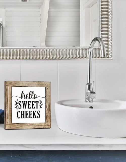 Load image into Gallery viewer, Farmhouse Rustic Wooden Bathroom Sign 'Hello Sweet Cheeks' Plaque Decor
